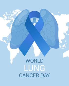 World lung cancer day, banner. Human lungs and blue awareness ribbon. The concept of medicine and healthcare.