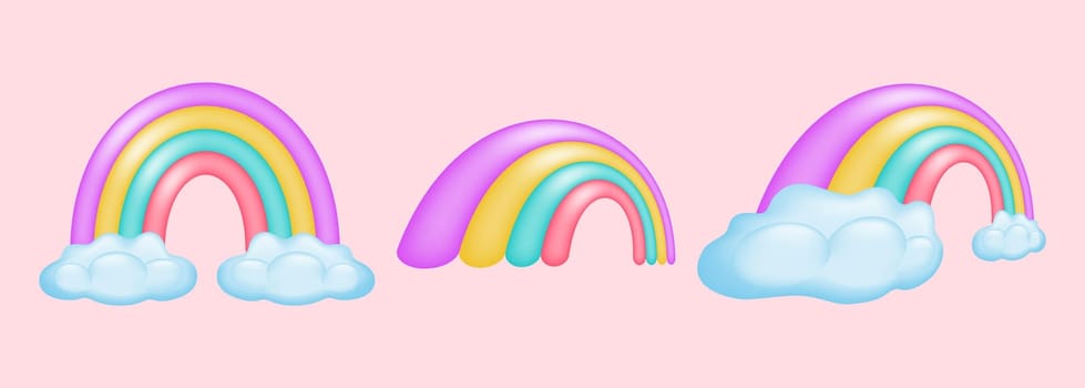 Collection of 3D cartoon rainbows in vibrant color