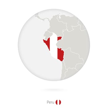 Map of Peru and national flag in a circle.