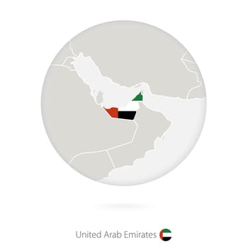 Map of United Arab Emirates and national flag in a circle.