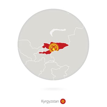 Map of Kyrgyzstan and national flag in a circle.