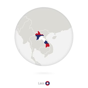 Map of Laos and national flag in a circle.