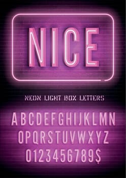 Lovely night box light glow font with numbers. Nice sign with pink narrow neon alphabet on dark brick wall background. Vector illustration
