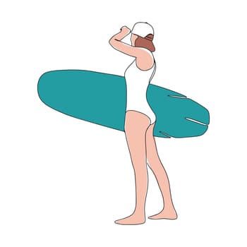 Continuous line drawing of a surfer girl with a surfboard, One line drawing of a surfer girl