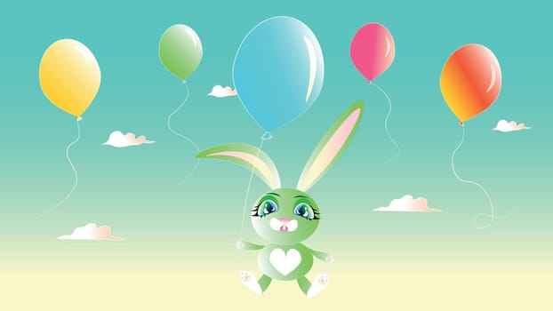 A cute bunny the colour of young grass flies in a balloon. Happy Easter.