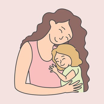 Mother is holding and hugging a child. Mom and daughter together. Mother’s Day theme. Vector art 