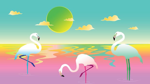 A gentle landscape of a colourful sunset with graceful flamingos on the seashore.