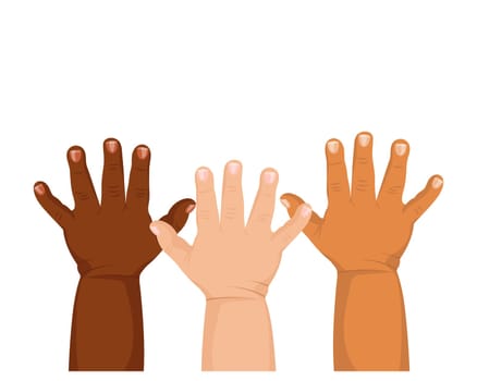 Children's hands of different skin colors on a white background. Toddler hands. Illustration