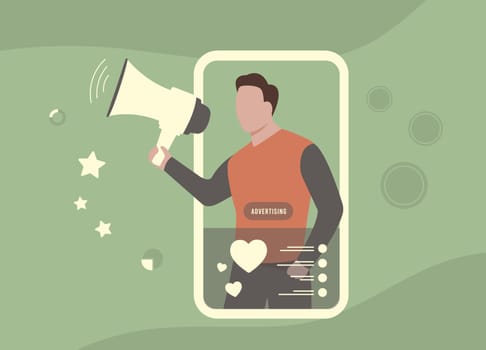 Social Video Advertising content - man influencer with megaphone promoting products in vertical video social media app. Businesses use this trend to effectively reach target audiences and boost sales