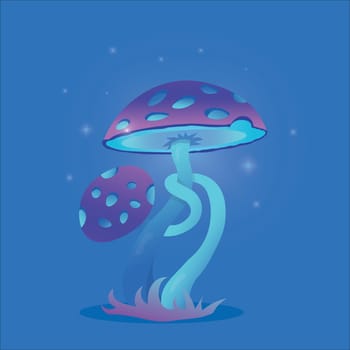 Fantasy trippy hallucinogen magic purple mushroom , vector cartoon icon. Toxic luminous fungus fairy tale or fantasy with neon light EPS