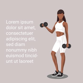 Fitness poster with a African American woman in sportswear standing and doing a workout with dumbbells on purple background with copy space text. Vector illustration.