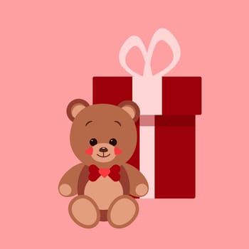 Cute teddy bear with gift box, greeting card, vector illustration.