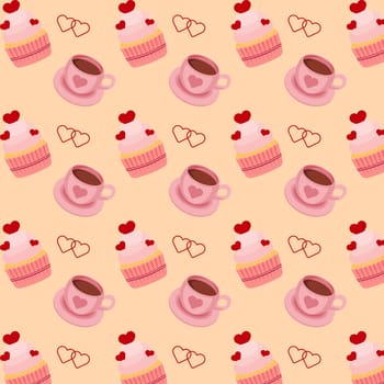 Seamless pattern with cupcakes, coffee cups, and hearts on beige background. Vector illustration.