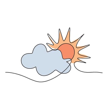 Continuous line sun cloud art. Single line sketch sunny summer. Icon cloudy sky . Vector illustration