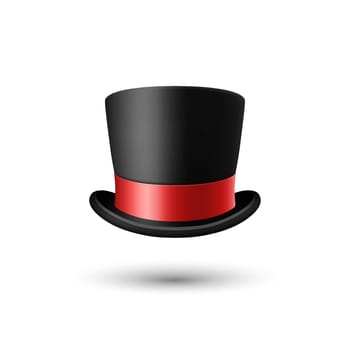 Vector 3d Realistic Black Top Hat with Red Ribbon Closeup Isolated on White Background. Classic Retro Vintage Top Hat, Vintage Gentlemans Mens Hat, Front View
