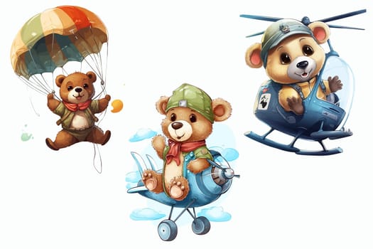 Safari Animal set the bear flies on a parachute, plane and helicopter in 3d style. Isolated vector illustration