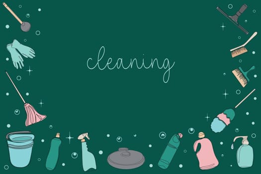 Background of cleaning equipment. Vector illustration. Cleaning tools in one line