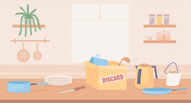 Kitchen countertop with cardboard boxes for discarding flat color vector illustration
