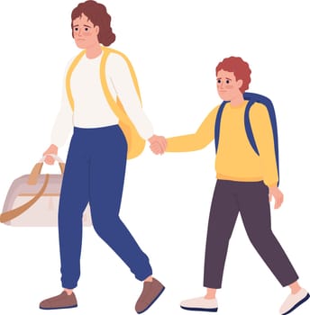 Mother and son with luggage leaving in hurry semi flat color vector characters