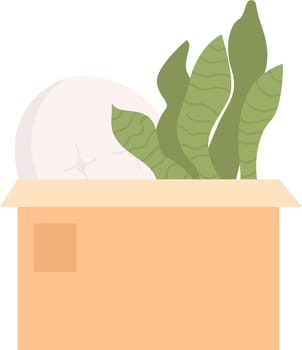 Packing carton box with cushion and houseplant semi flat color vector object