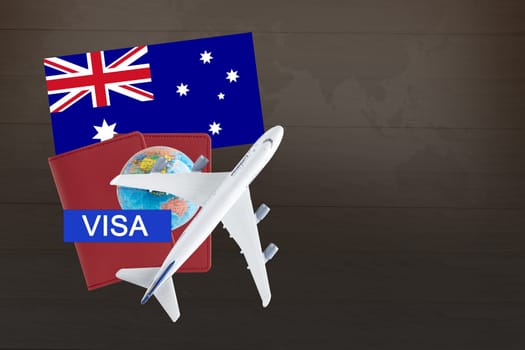 Visa with Australia flag, passport, airplane and globe, trip travel immigration.