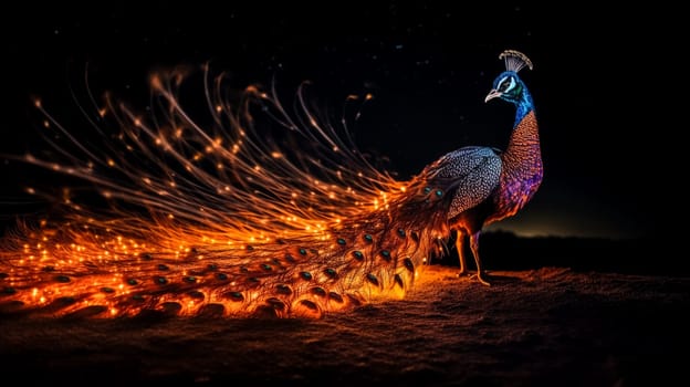 Elegant colourful portrait of a peacock at sunset. AI generated