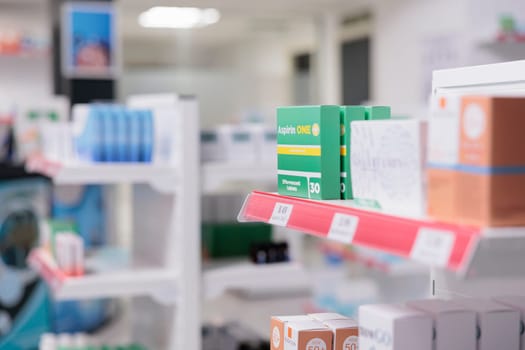 Healthcare retail store with pharmaceutical products and drugs packages on shelves