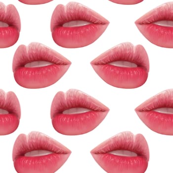 Illustration realism seamless pattern female lips of pink color on a white isolated background