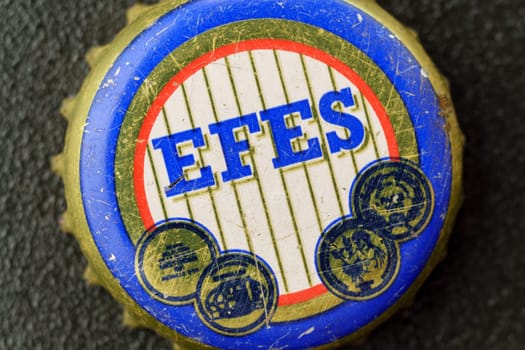 Tyumen, Russia-February 15, 2023: Old efes beer lid close-up, selective focus. Efes company Headquartered in Istanbul, Turkey