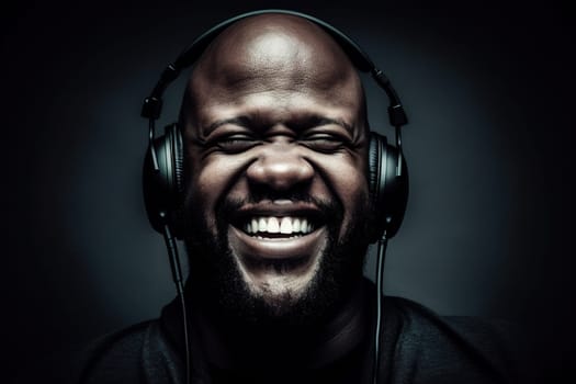 Happy afro-american man enjoying listening to jazz music using headphones. Closeup portrait, AI generative image