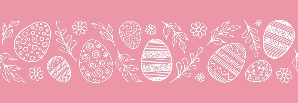 Seamless border with doodle eggs and leaves.