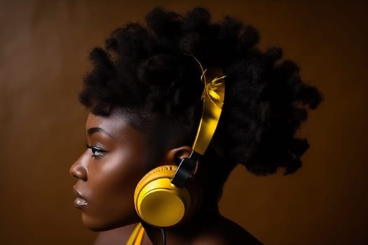 Serene african-american woman enjoying listening to jazz music using headphones. Closeup portrait, AI generative image