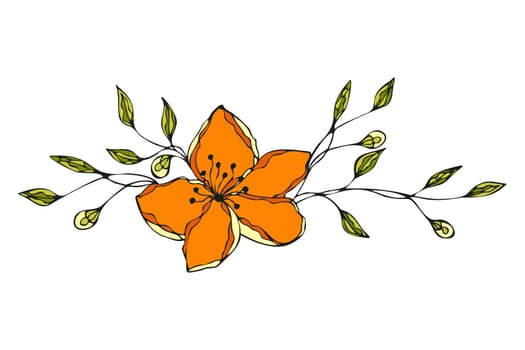Flower doodle hand drawn, floral ornament orange and green color.