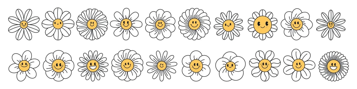 Daisies in a groovy style. Retro chamomile smiles in cartoon style. Happy stickers set from the 70s. Vector graphic illustration