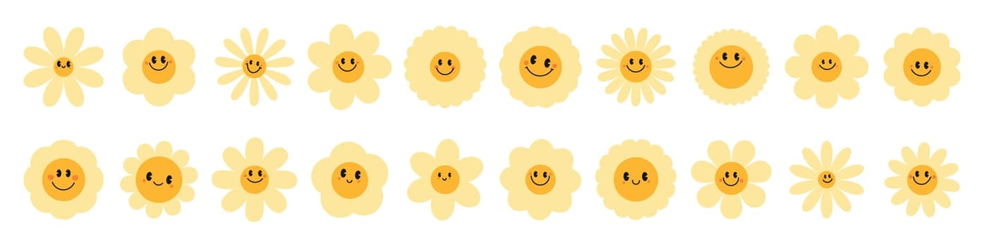 Daisy emoji flowers.Retro chamomile smiles in cartoon style. Happy stickers set from 70s. Vector graphic illustration