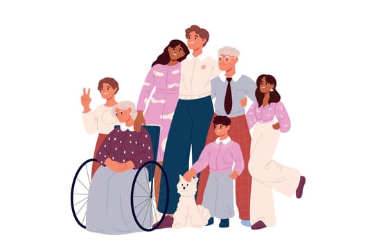 Big old family. happy cartoon people characters with mother, children, grandfather and son. Flat vector isolated illustration
