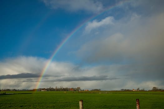 a rainbow over the fields of the island texel in holland with farms poles and grass