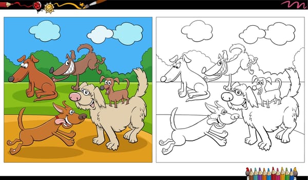 playful cartoon dogs group in the park coloring page