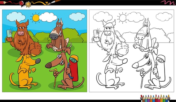 comic dogs characters group in the meadow coloring page