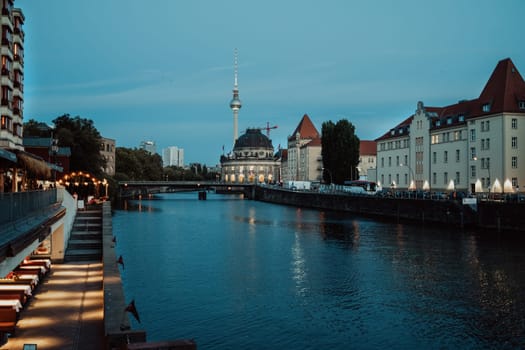 March 2023 - Berlin, Germany. Night view to river Spree. Beautiful panorama