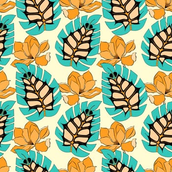 Pattern tropical leaves and Magnolia, hand drawn.