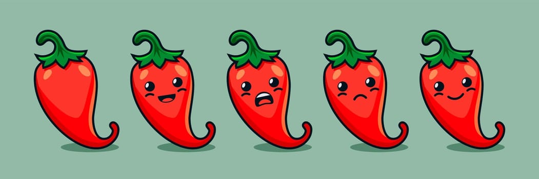 Vector Cartoon Cute and Funny Red Hot Chili Pepper Icon Set. Kawaii Style. Fresh Chili Hot Pepper with Different Emotions. Design Template for Culinary Products and Recipes. Vector Illustration