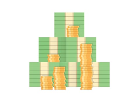 Money icon in flat style. Stack of currency banknotes vector illustration on isolated background. Dollars and gold coins sign business concept.