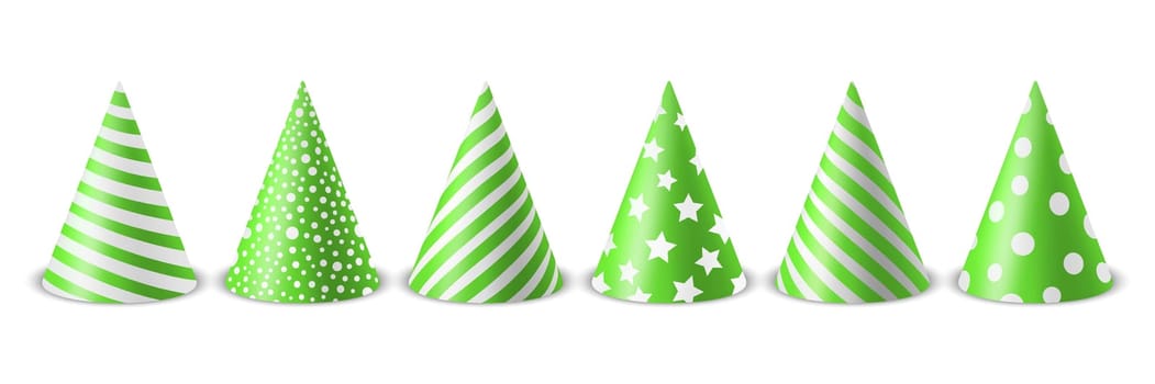 Vector 3d Realistic Green and White Birthday Party Hat Icon Set Isolated on White Background. Party Cap Design Template for Party Banner, Greeting Card. Holiday Hats, Cone Shape, Front View