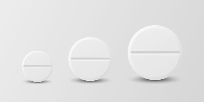 Vector 3d Realistic White Round Pharmaceutical Medical Pill, Capsule, Tablet Icon Set Closeup Isolated On White Background. Front View. Medicine, Health Concept.