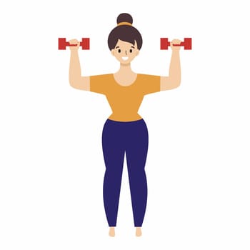 A girl with dumbbells does an exercise on her hands.