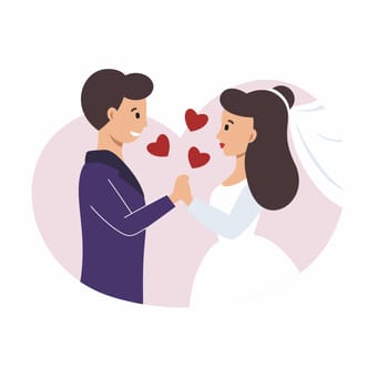 The groom holds the bride's hand. Vector illustration for a wedding.