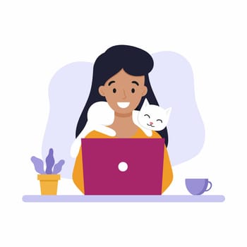 A girl with a cat on her shoulders is working at a computer. Vector illustration on the theme of home office and freelancing.