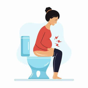 Pregnant woman is sitting on toilet. Constipation during pregnancy. Digestive problems.