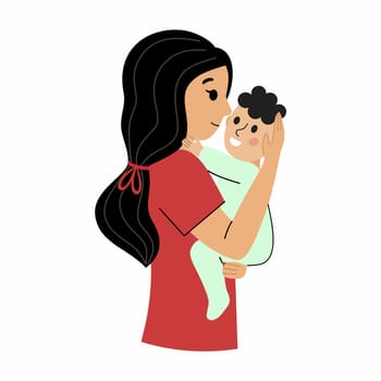 Happy mom hugs her baby. Mom holds the baby in her arms. Mother and baby. Vector character in a flat style.